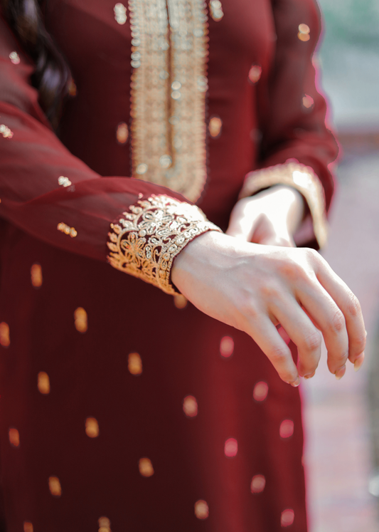 Maroon Chiffon Embroidered Three Piece Suit Online in Dubai DXB UAE Abudhabi Meena Bazaar