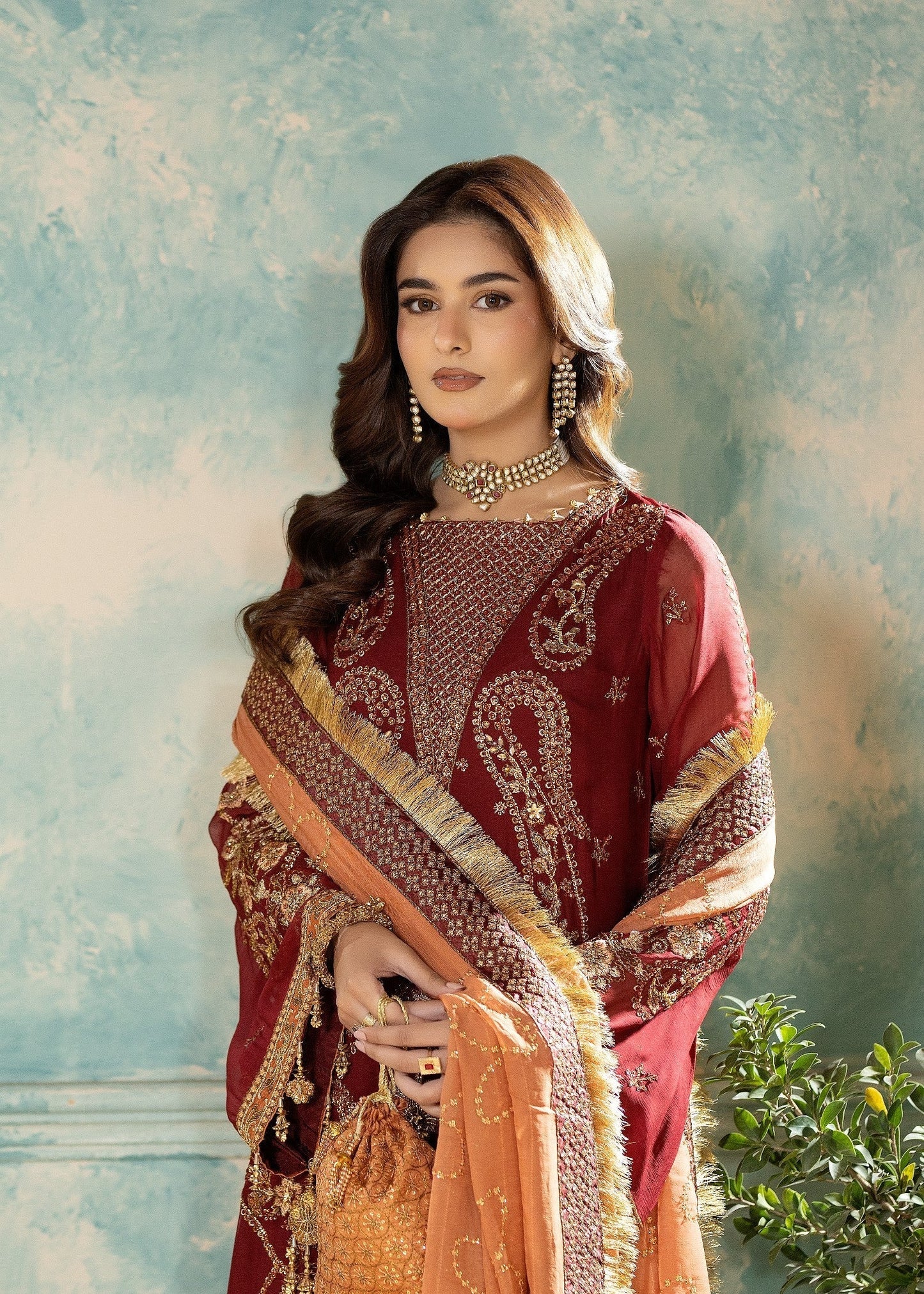 Maroon Chiffon Embroidered Wedding Guest Suit Online in Dubai UAE Abudhabi Ajman Sharjah