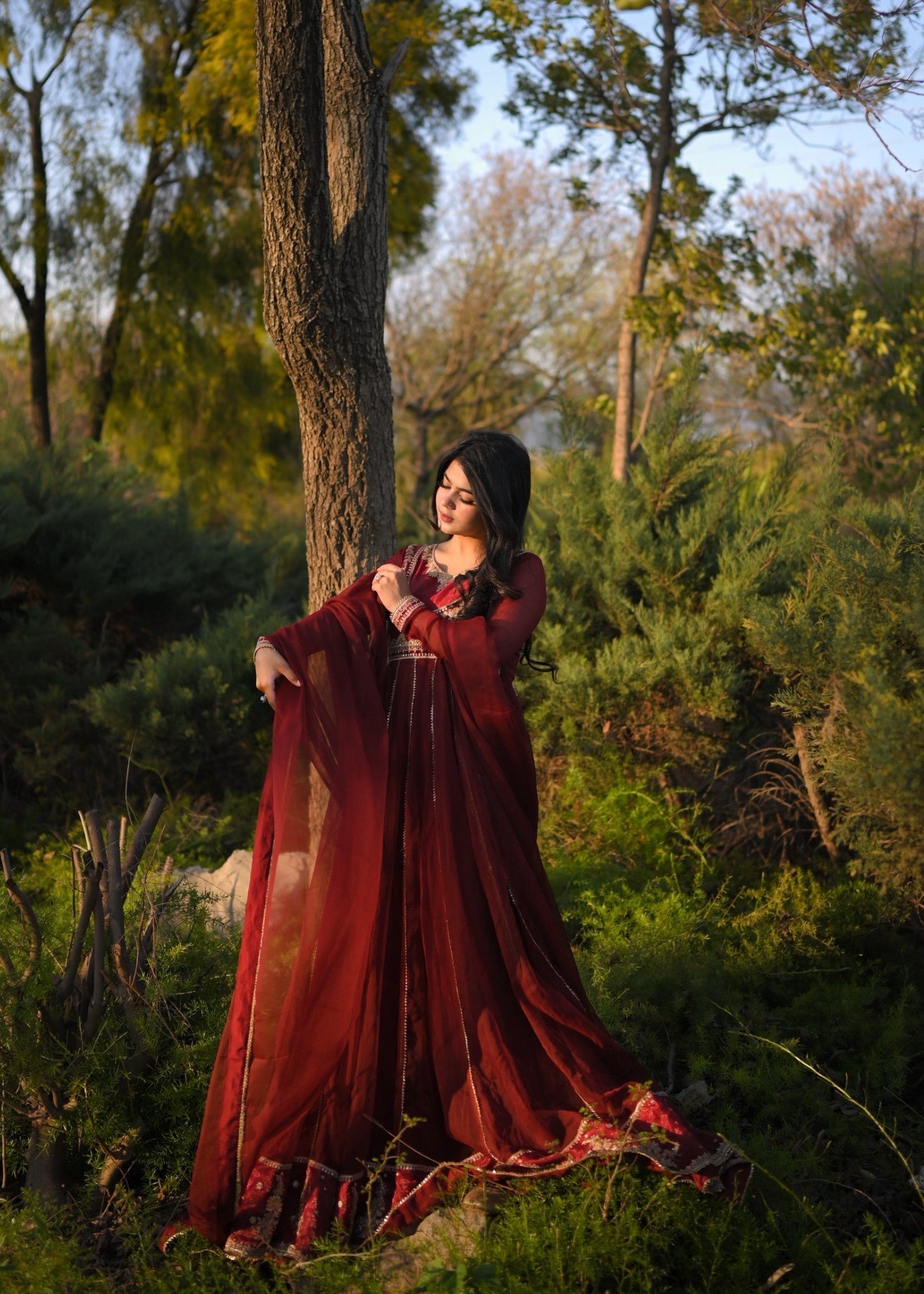 Maroon Chiffon Festive Wear Gharara Online in KSA Riyadh Saudi Arabia Oman Bahrain Qatar