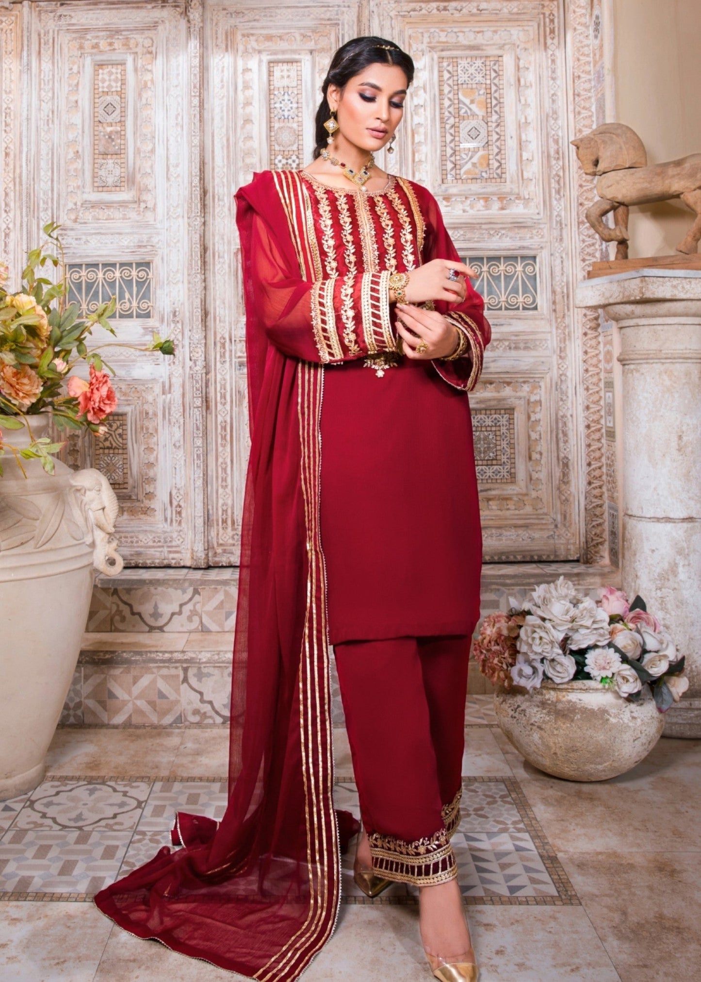 Maroon Chiffon Festive Wear Suit Online in Sri Lanka India Australia