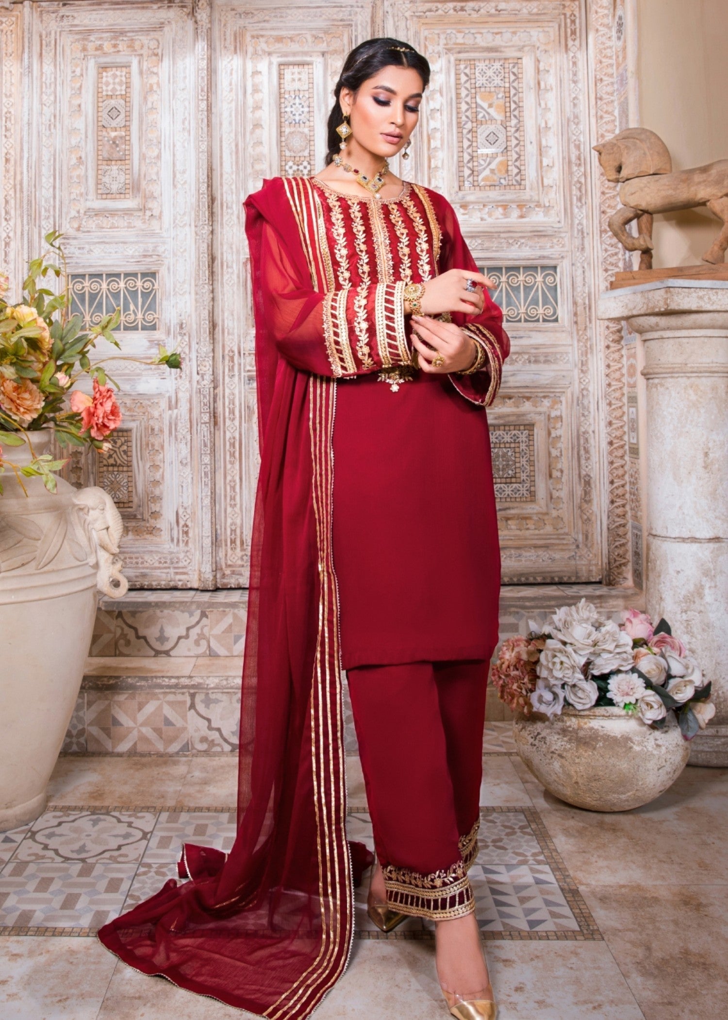 Maroon Chiffon Festive Wear Suit Online in Sri Lanka India Australia