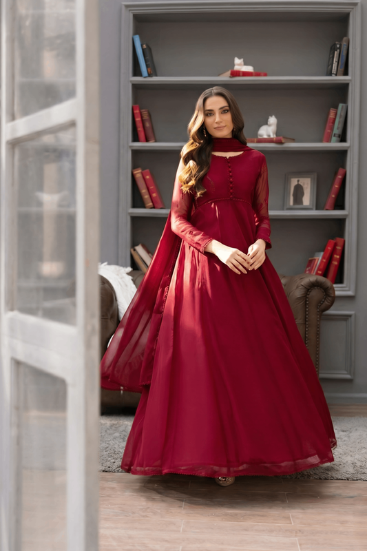 Maroon Chiffon Flared Maxi Partywear Suit Online in Dubai UAE Abudhabi Ajman Sharjah