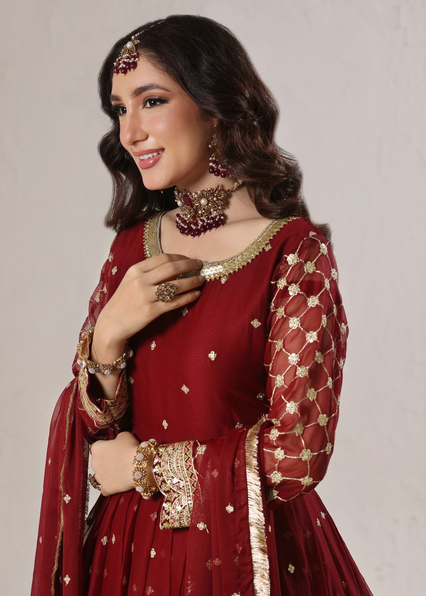 Maroon Chiffon Flared Pishwas with Straight Trouser Online in Dubai DXB UAE Abudhabi Meena Bazaar