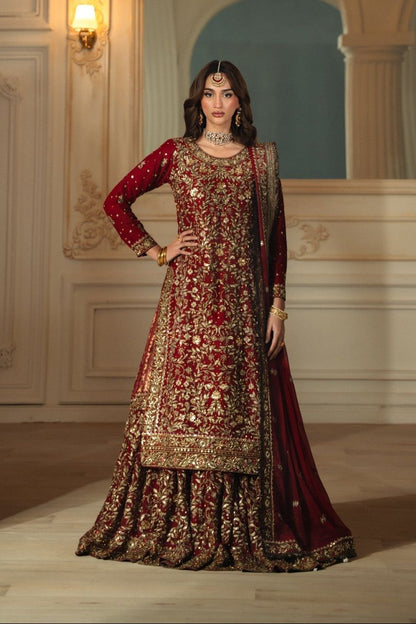 Maroon Chiffon Jamawar Lehenga Suit Online in Dubai UAE Abudhabi Ajman Sharjah