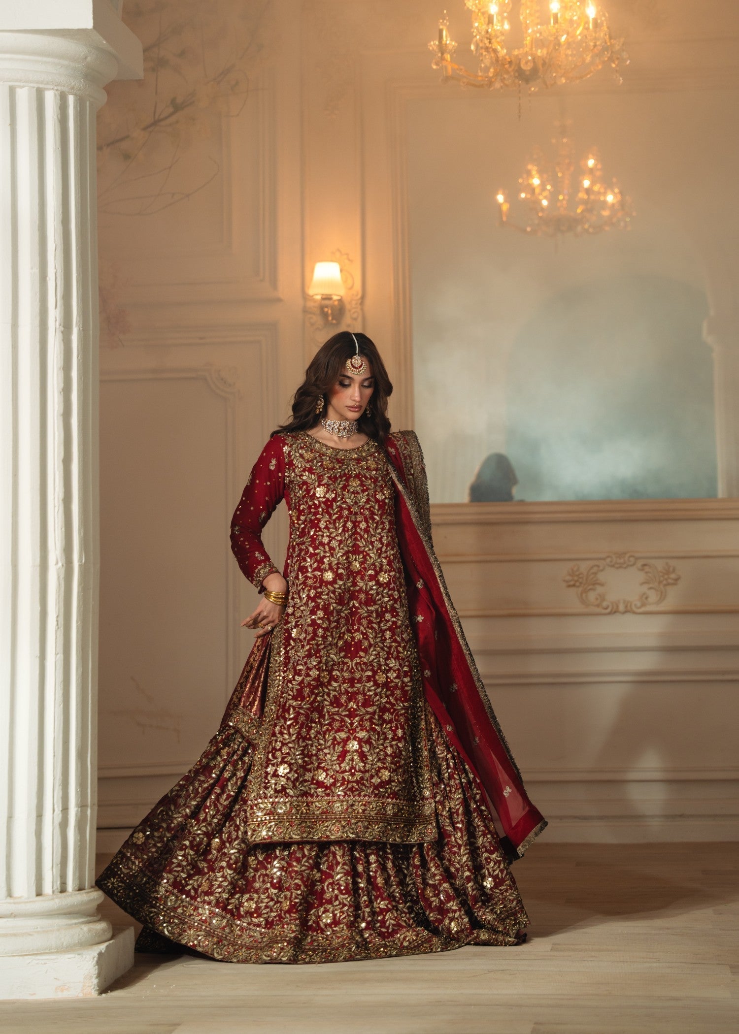 Maroon Chiffon Lehenga with Jamawar Dupatta Online in Dubai UAE Abudhabi Ajman Sharjah