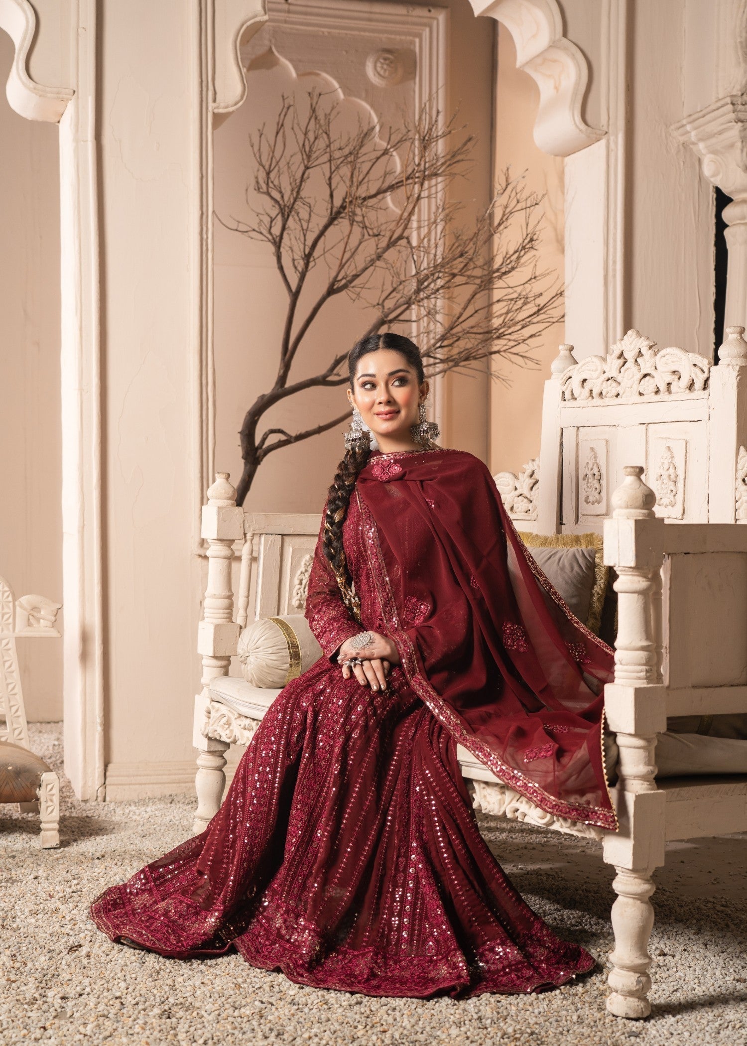 Maroon Chiffon Pishwas with Dupatta Online in Dubai DXB UAE Abudhabi Meena Bazaar