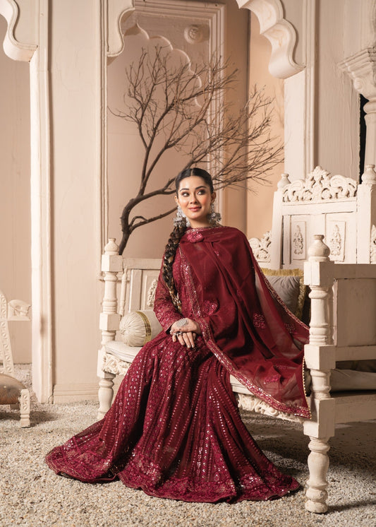 Maroon Chiffon Pishwas with Dupatta Online in Dubai DXB UAE Abudhabi Meena Bazaar