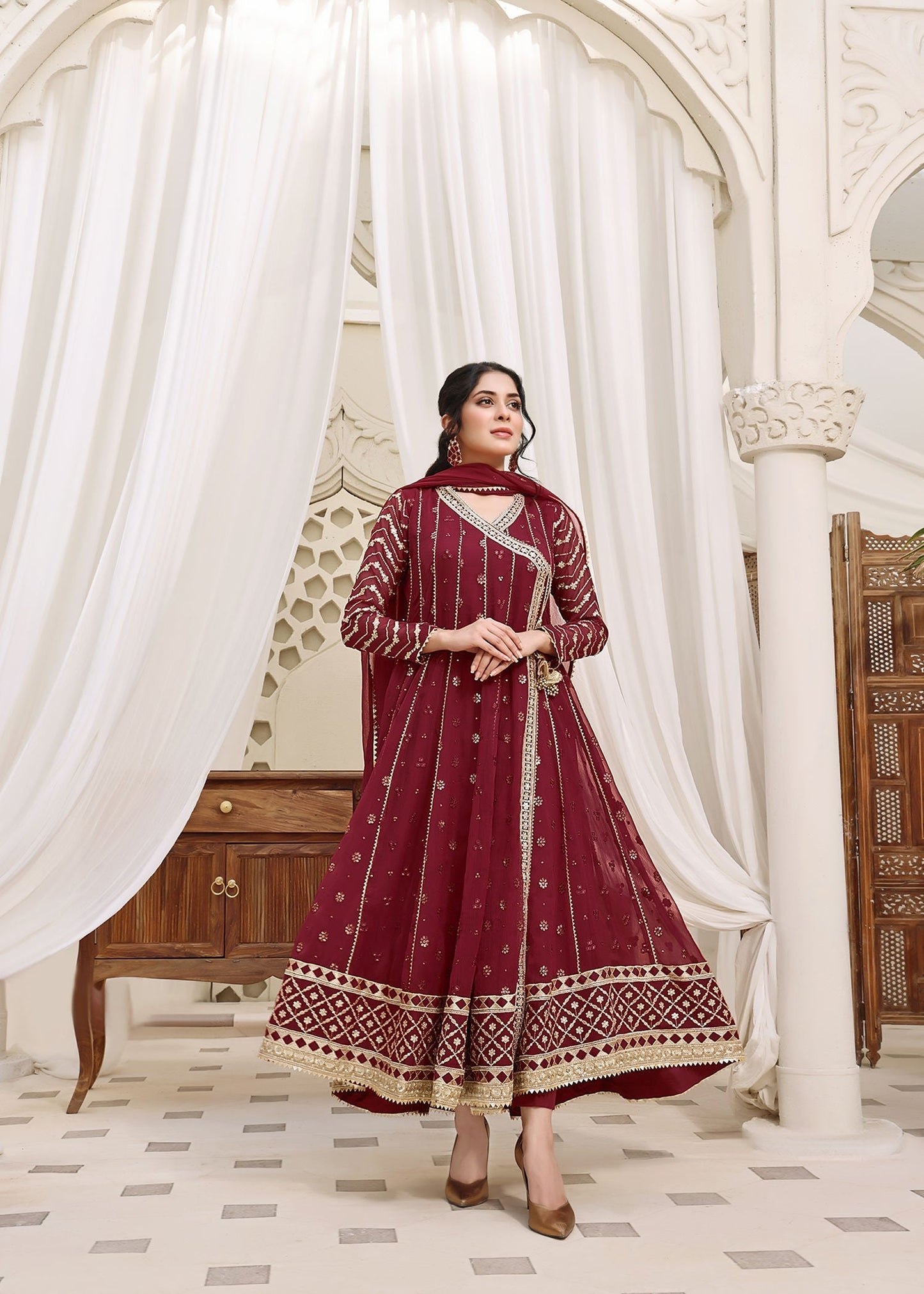 Maroon Designer Chiffon Angrakha Maxi Dress Online in Dubai DXB UAE Abudhabi Meena Bazaar