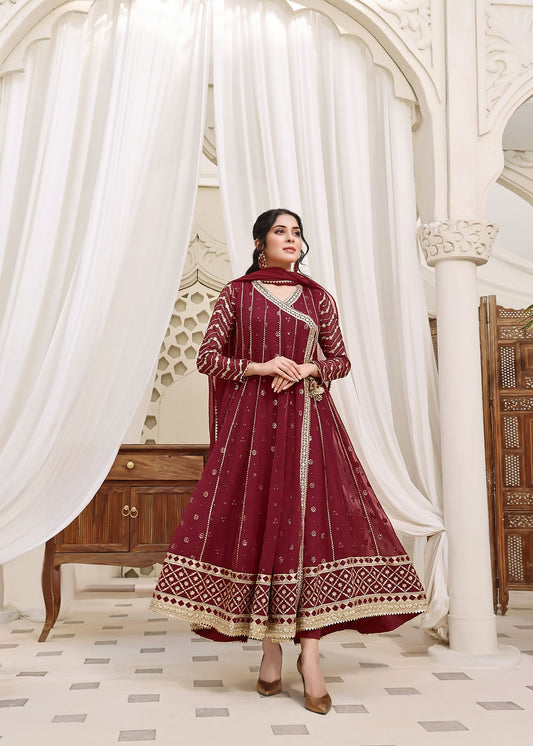 Maroon Designer Chiffon Angrakha Maxi Dress Online in Dubai DXB UAE Abudhabi Meena Bazaar