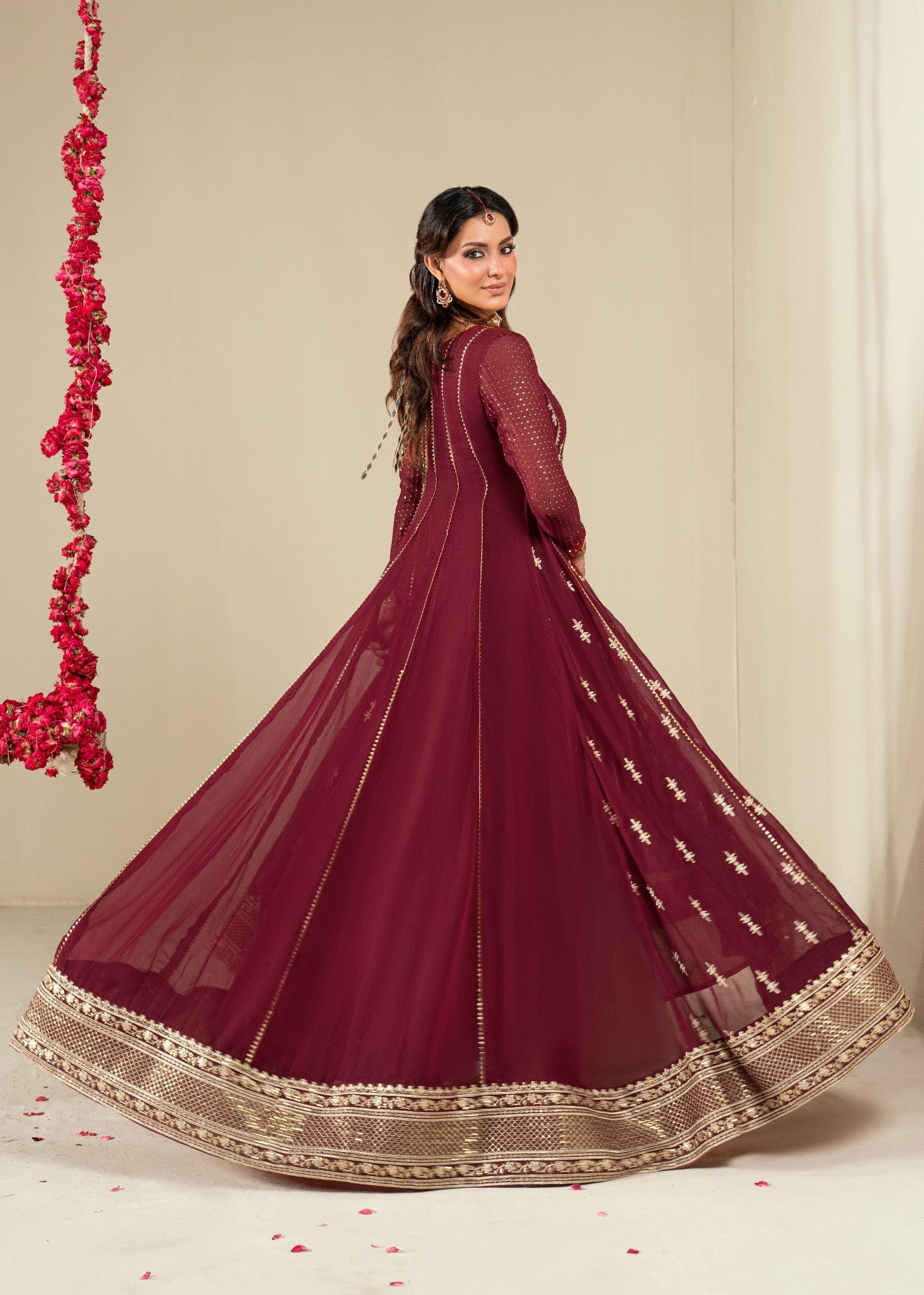 Maroon Designer Chiffon Suit Online in KSA Riyadh Saudi Arabia Oman Bahrain Qatar