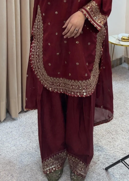 Maroon Designer Farshi Shalwar Suit Online in KSA Riyadh Saudi Arabia Oman Bahrain Qatar