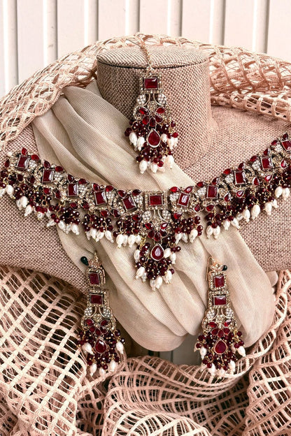 Maroon Elanique Necklace Set with Stone Work Online in Dubai UAE Abudhabi Ajman Sharjah