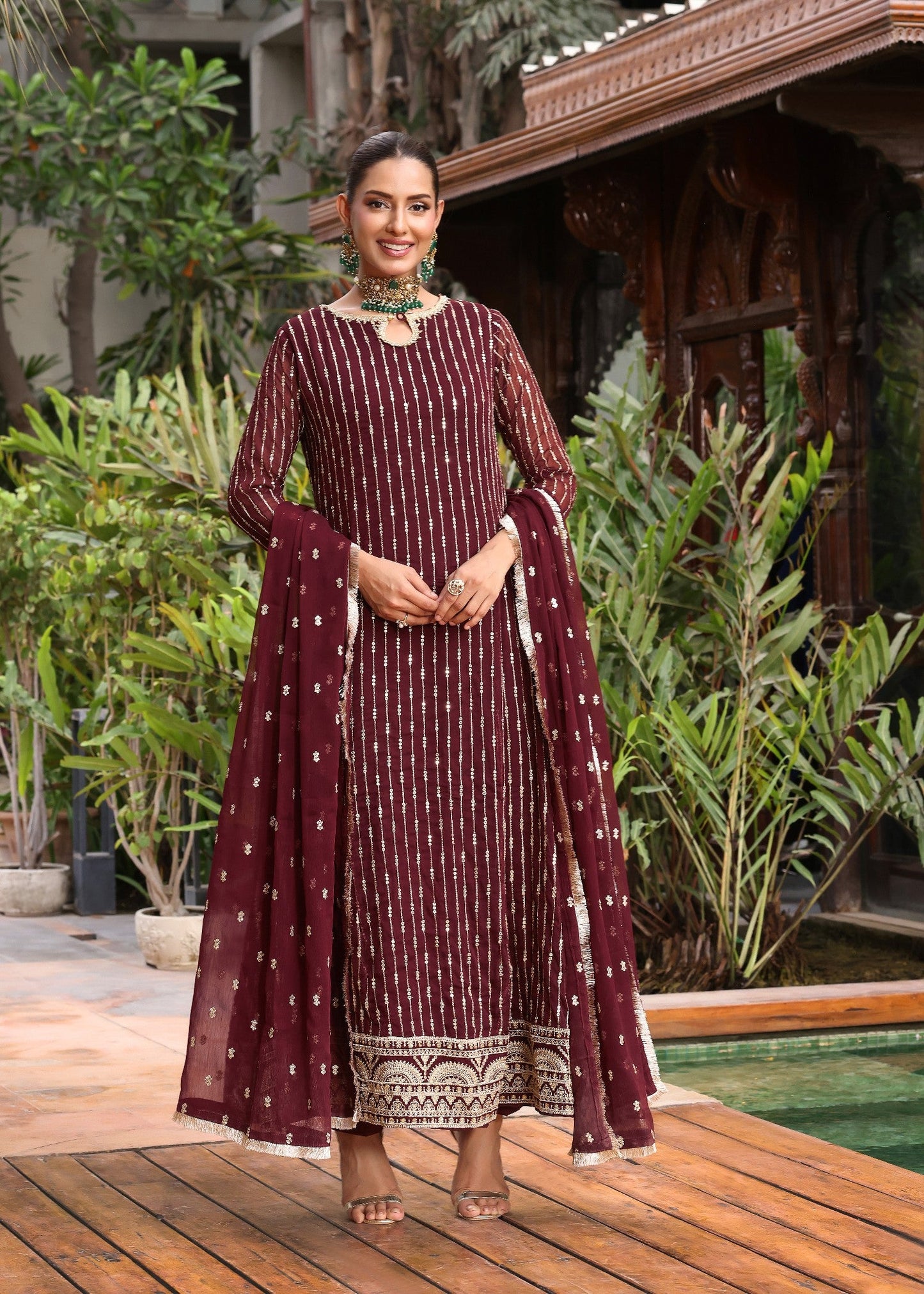 Maroon Embellished Chiffon Flared Pishwas Dupatta Set Online in Sri Lanka India Australia
