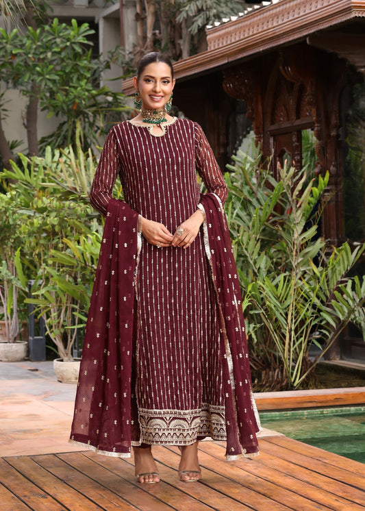 Maroon Embellished Chiffon Flared Pishwas Dupatta Set Online in Sri Lanka India Australia