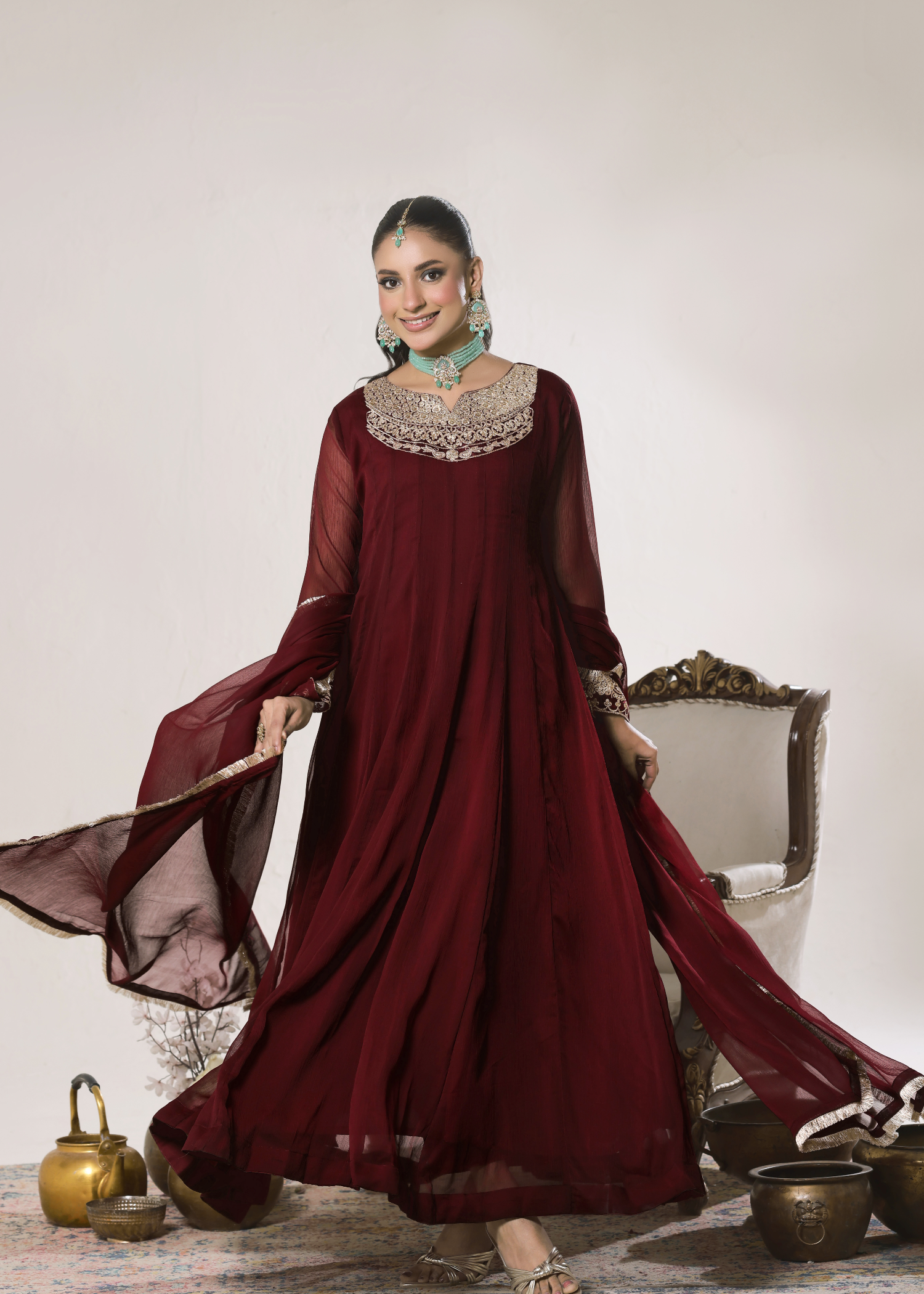 Maroon Embellished Chiffon Flared Pishwas Online in Sri Lanka India Australia