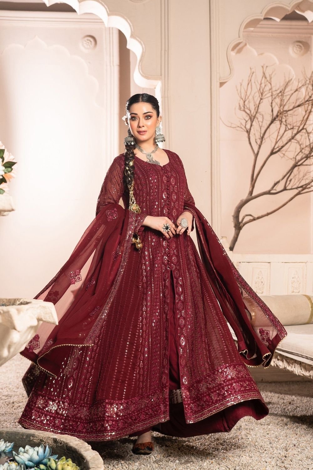 Maroon Embellished Chiffon Floor-Length Pishwas Online in Dubai UAE Abudhabi Ajman Sharjah