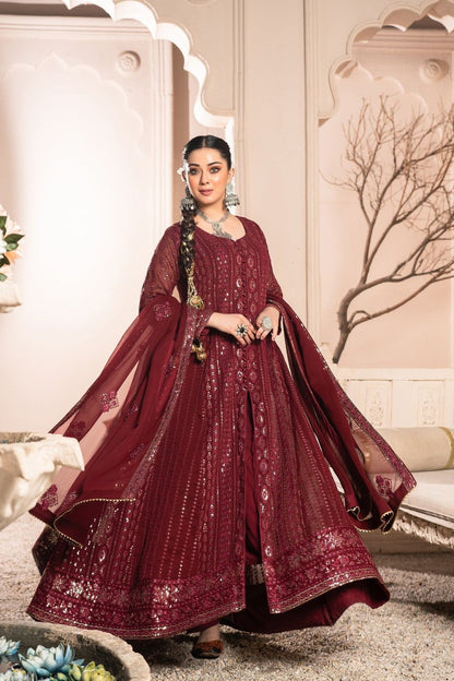Maroon Embellished Chiffon Floor-Length Pishwas Online in Dubai UAE Abudhabi Ajman Sharjah
