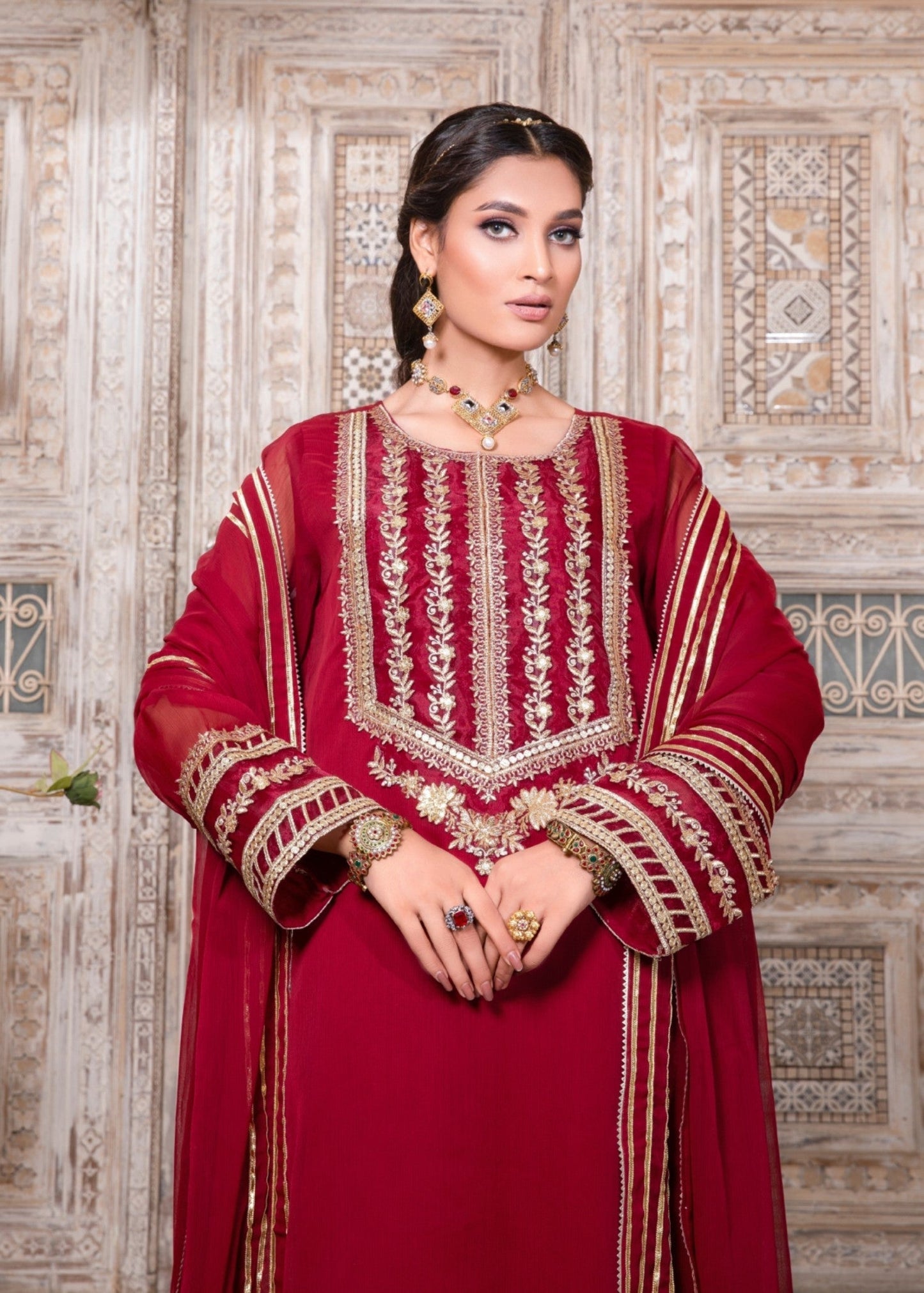 Maroon Embellished Chiffon Party Suit Online in UK USA Canada