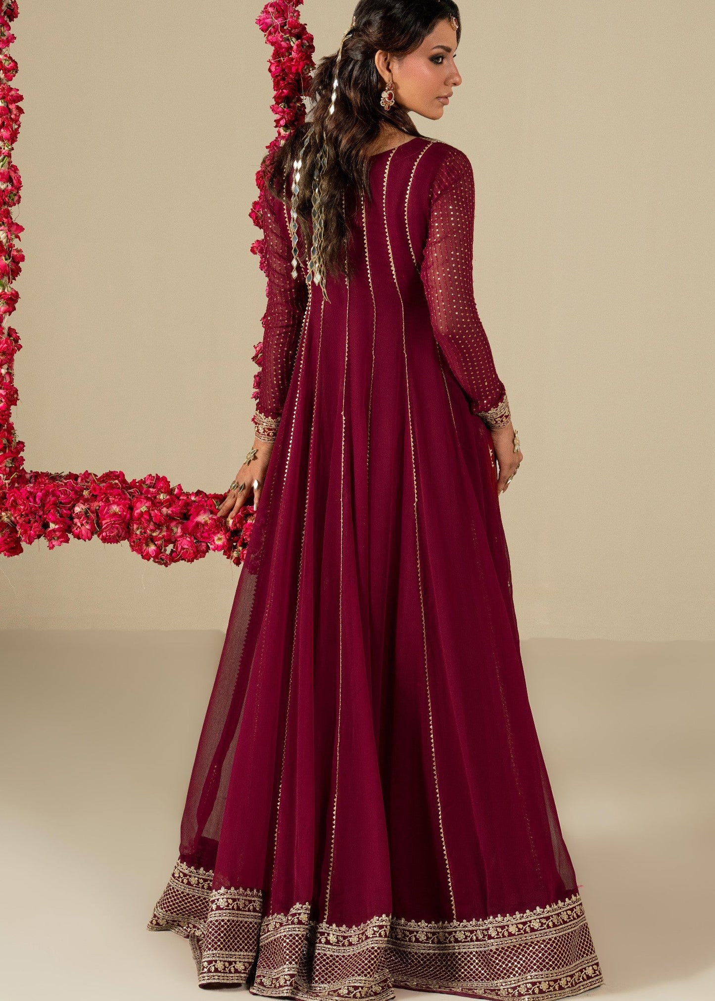 Maroon Embellished Chiffon Pishwas Online in Dubai DXB UAE Abudhabi Meena Bazaar
