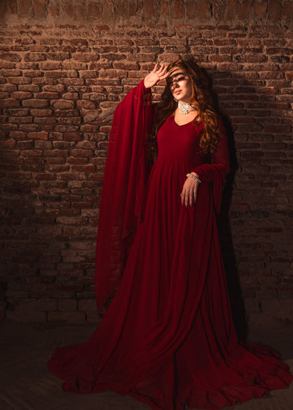 Maroon Embellished Chiffon Pishwas Partywear Online in Sri Lanka India Australia