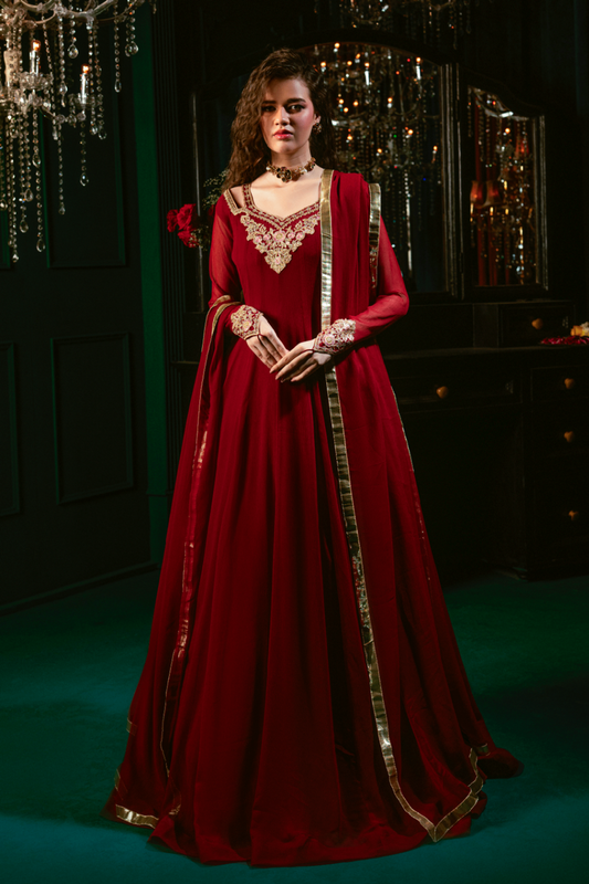 Maroon Embellished Chiffon Pishwas Partywear Suit Online in Dubai UAE Abudhabi Ajman Sharjah
