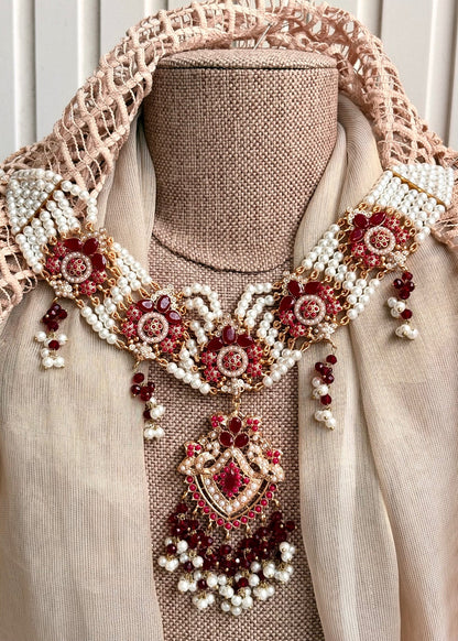 Maroon Embellished Choker and Earrings Set Online in UK USA Canada