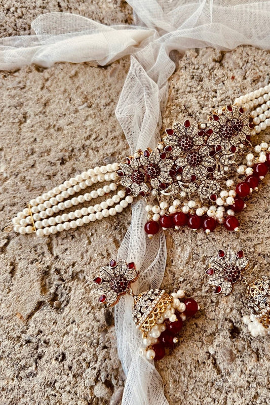 Maroon Embellished Metal Choker Necklace Set Online in Dubai UAE Abudhabi Ajman Sharjah