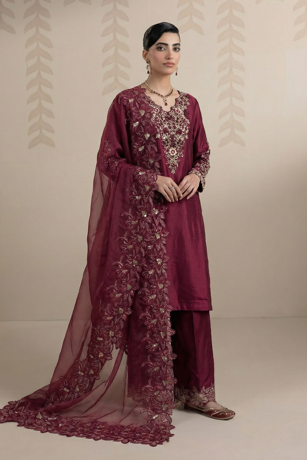Maroon Embellished Raw Silk Partywear Suit Online in Dubai UAE Abudhabi Ajman Sharjah