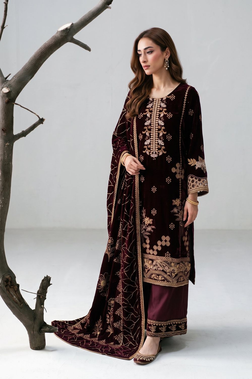 Maroon Embellished Velvet Ladies Partywear Suit Online in Dubai UAE Abudhabi Ajman Sharjah