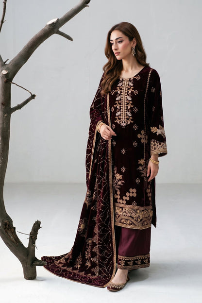 Maroon Embellished Velvet Ladies Partywear Suit Online in Dubai UAE Abudhabi Ajman Sharjah