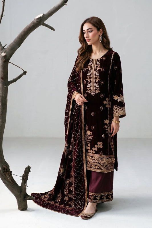 Maroon Embellished Velvet Ladies Partywear Suit Online in Dubai UAE Abudhabi Ajman Sharjah