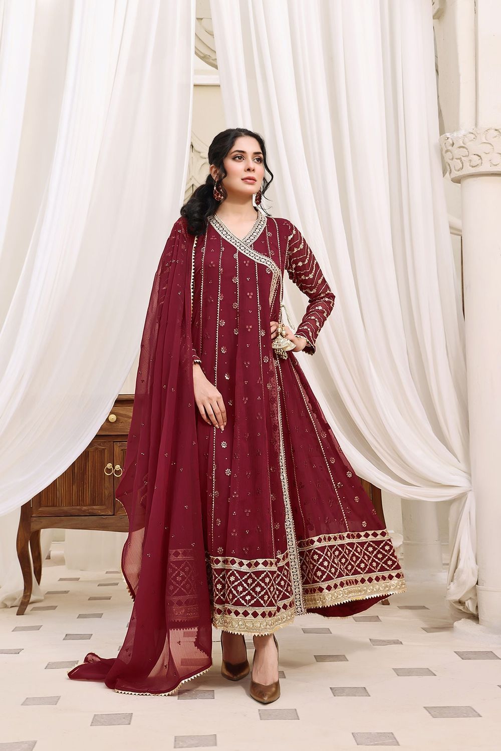 Maroon Embroidered Chiffon Angrakha Maxi Online in Dubai UAE Abudhabi Ajman Sharjah