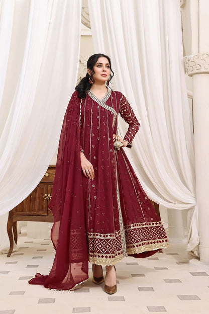 Maroon Embroidered Chiffon Angrakha Maxi Online in Dubai UAE Abudhabi Ajman Sharjah