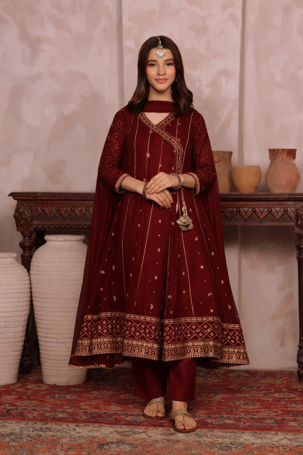Maroon Embroidered Chiffon Angrakha Partywear Suit Online in Dubai UAE Abudhabi Ajman Sharjah