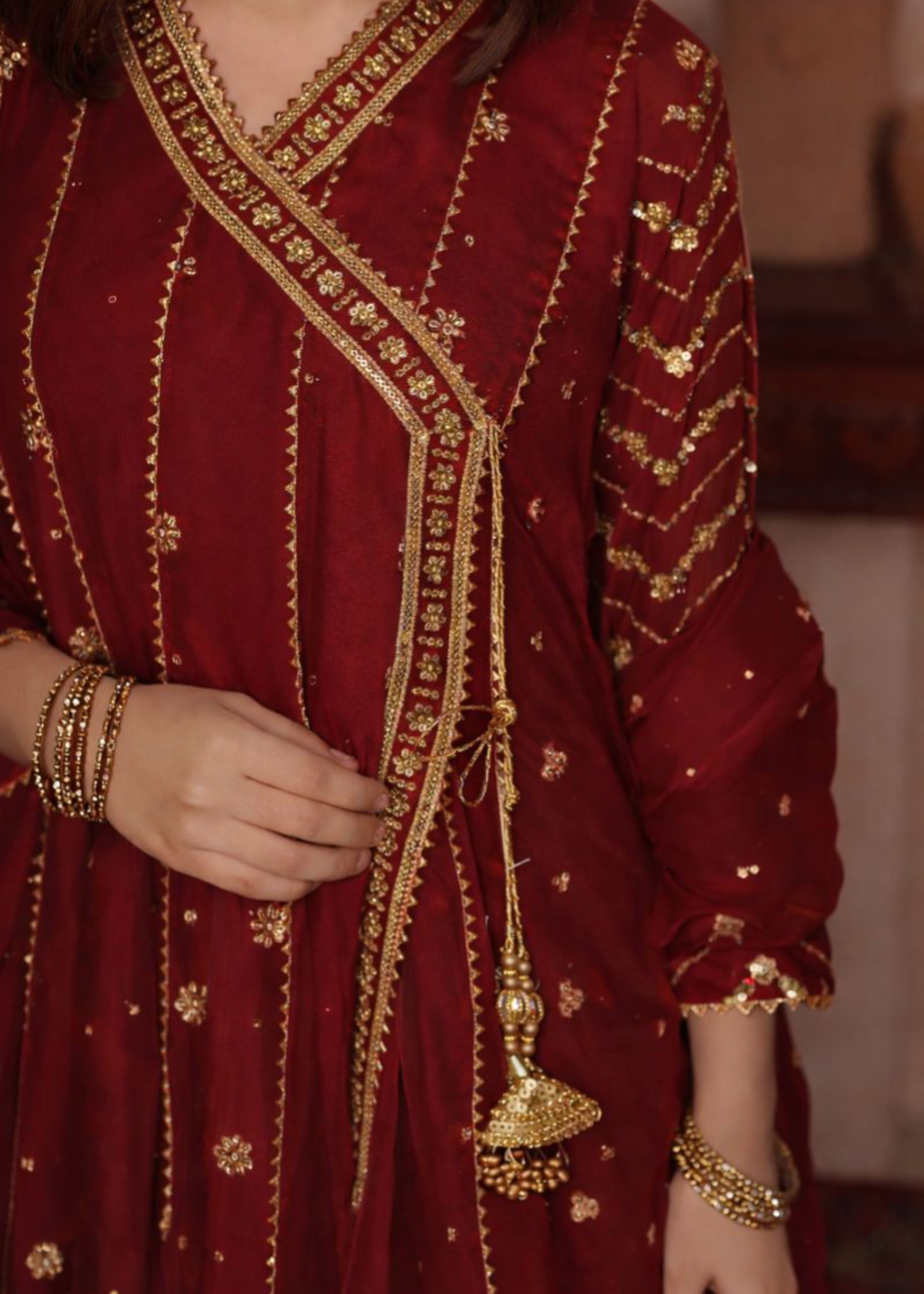Maroon Embroidered Chiffon Angrakha Set Online in Sri Lanka India Australia