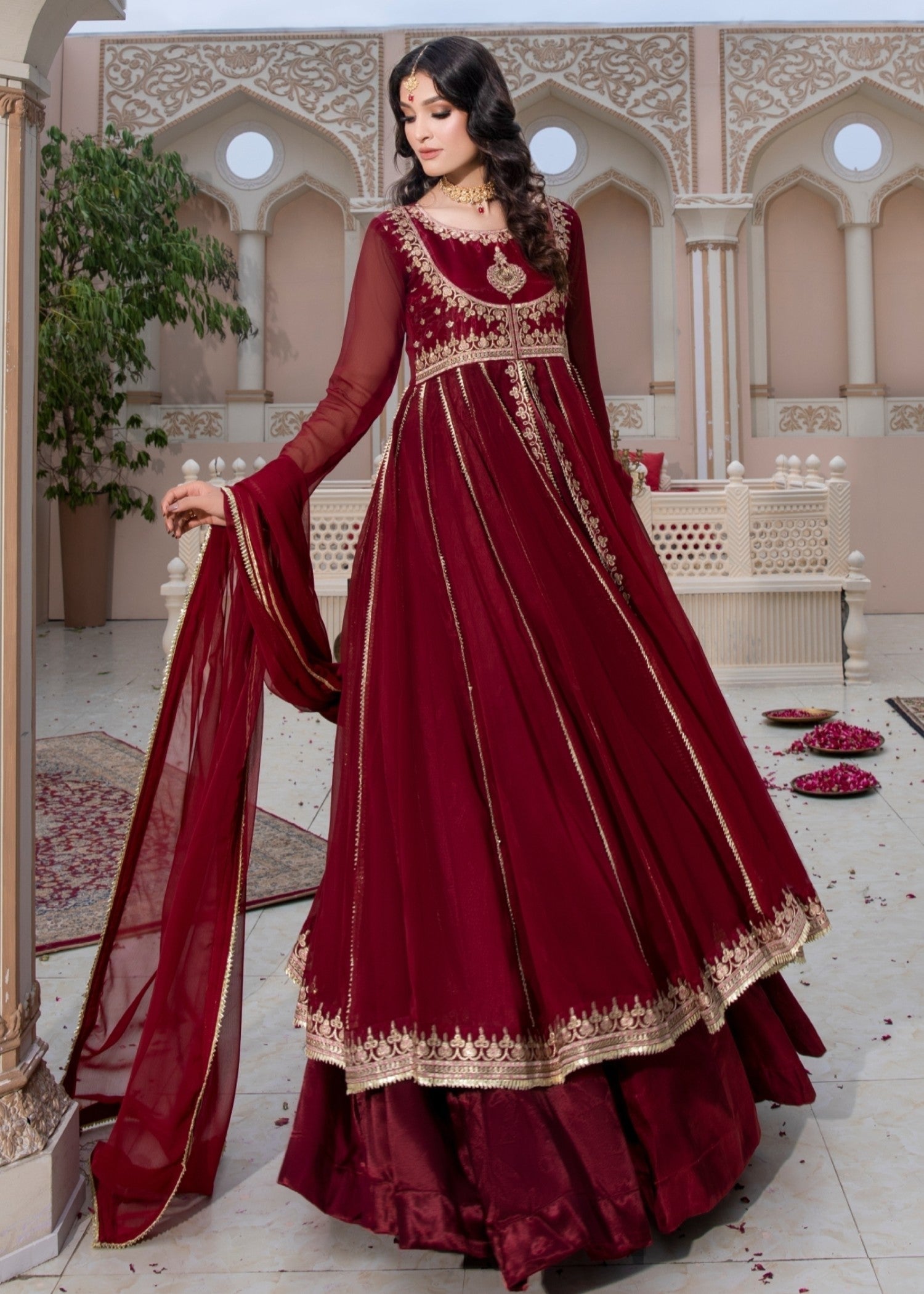 Maroon Embroidered Chiffon Dhanak Work Pishwas Online in UK USA Canada