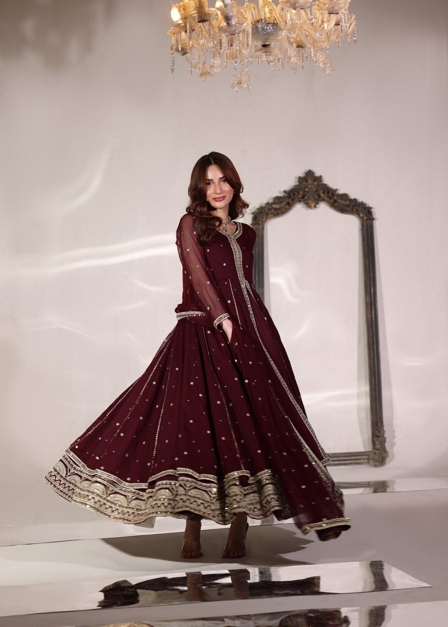 Maroon Embroidered Chiffon Dupatta Set Online in Dubai UAE Abudhabi Ajman Sharjah