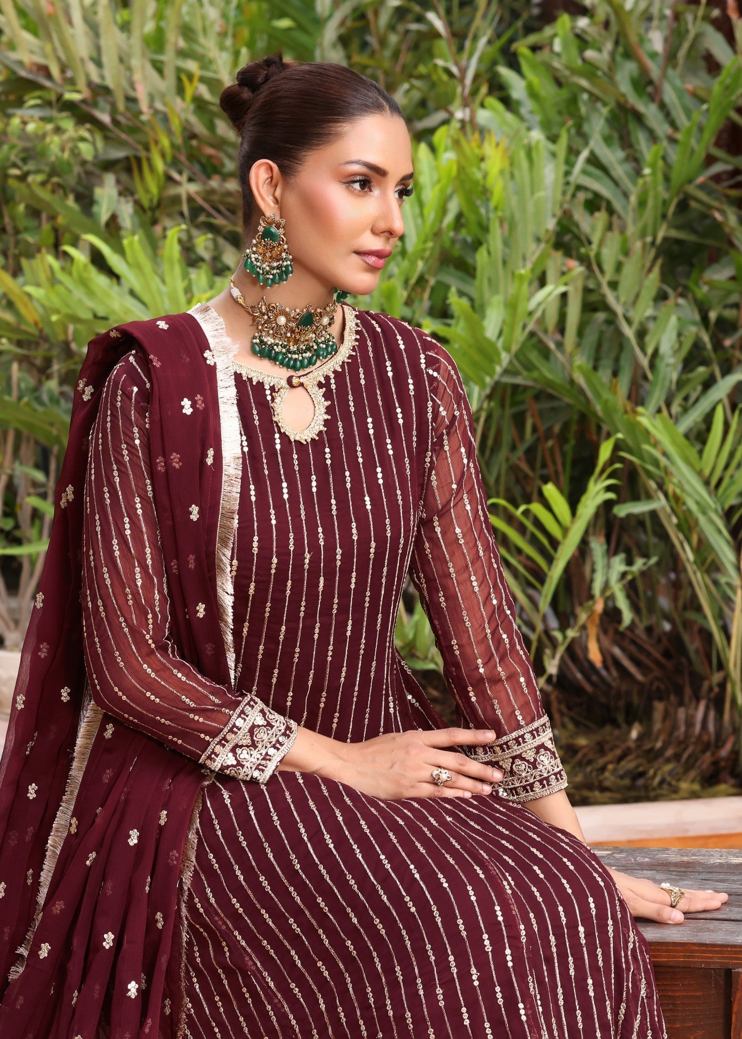 Maroon Embroidered Chiffon Dupatta Suit for Women Online in UK USA Canada