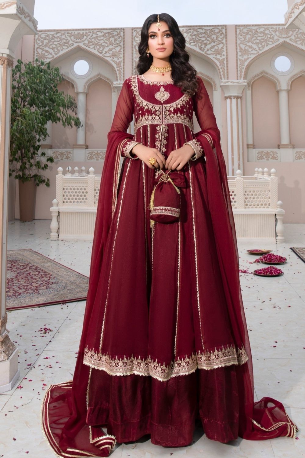 Maroon Embroidered Chiffon Festive Maxi Online in Dubai UAE Abudhabi Ajman Sharjah