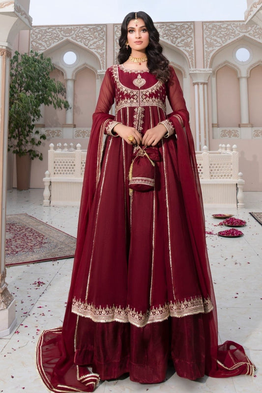 Maroon Embroidered Chiffon Festive Maxi Online in Dubai UAE Abudhabi Ajman Sharjah
