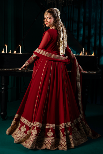 Maroon Embroidered Chiffon Festive Pishwas Online in Dubai UAE Abudhabi Ajman Sharjah