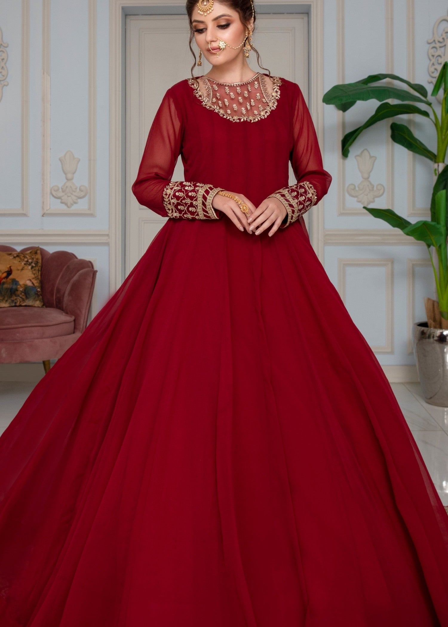 Maroon Embroidered Chiffon Festive Pishwas Outfit Online in Sri Lanka India Australia