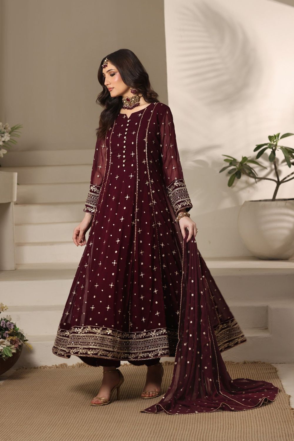 Maroon Embroidered Chiffon Festive Pishwas Set Online in Dubai UAE Abudhabi Ajman Sharjah