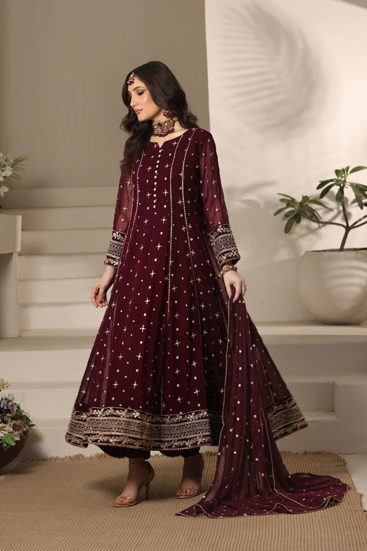 Maroon Embroidered Chiffon Festive Pishwas Set Online in Dubai UAE Abudhabi Ajman Sharjah