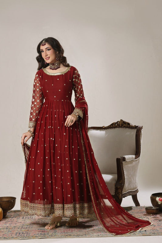 Maroon Embroidered Chiffon Festive Pishwas Suit Online in Dubai UAE Abudhabi Ajman Sharjah