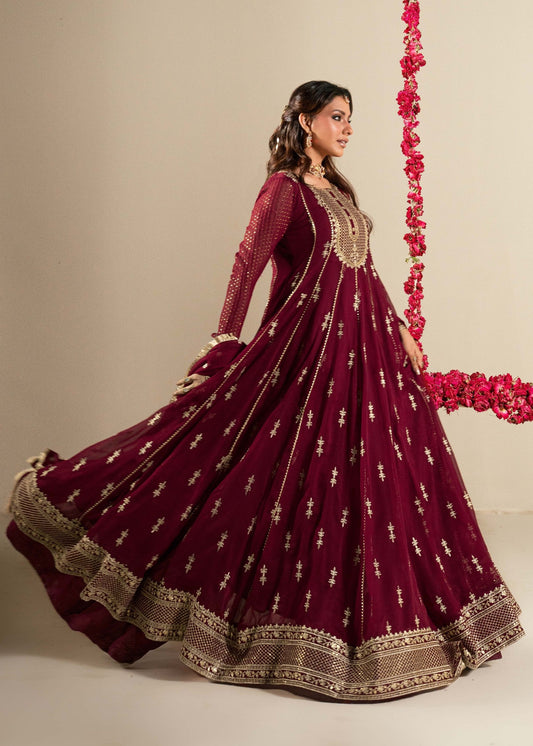 Maroon Embroidered Chiffon Festive Pishwas Suit Online in Dubai UAE Abudhabi Ajman Sharjah