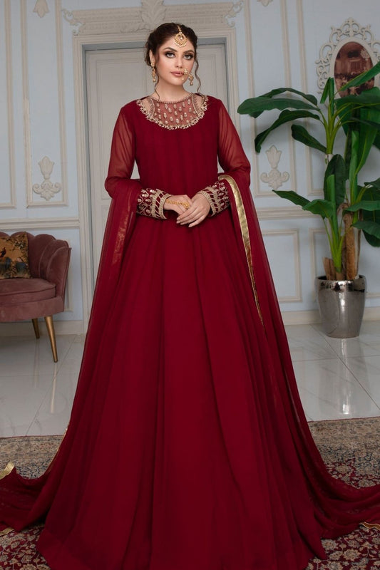 Maroon Embroidered Chiffon Festive Wear Pishwas Online in Dubai UAE Abudhabi Ajman Sharjah