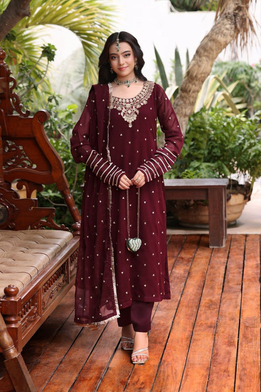 Maroon Embroidered Chiffon Flared Pishwas Online in Dubai UAE Abudhabi Ajman Sharjah