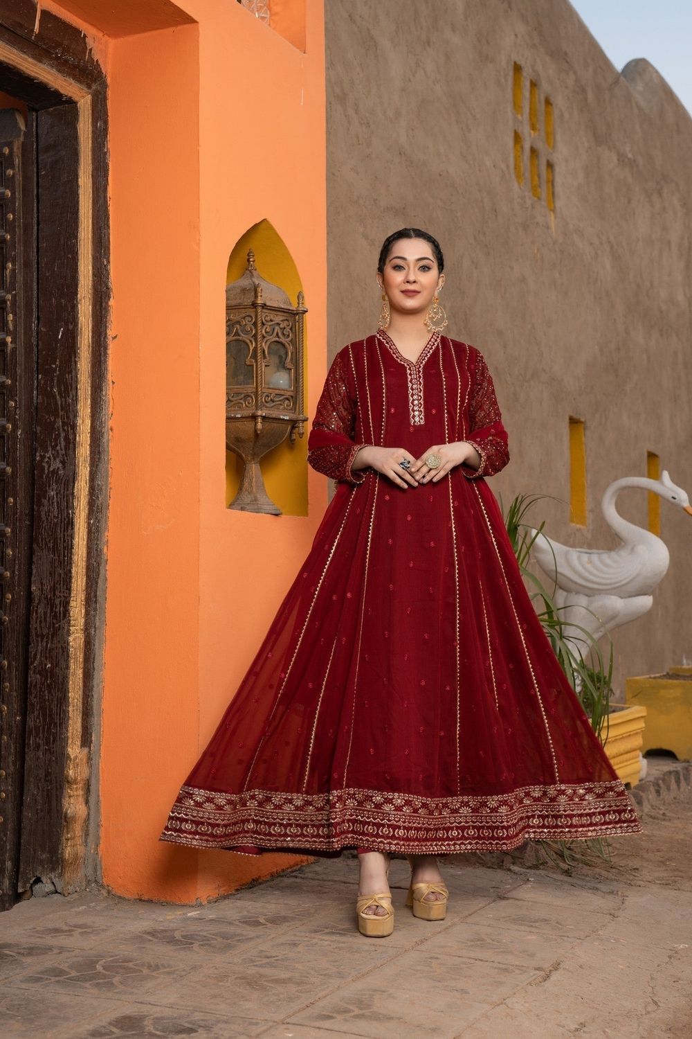 Maroon Embroidered Chiffon Flared Pishwas Suit Online in Dubai UAE Abudhabi Ajman Sharjah