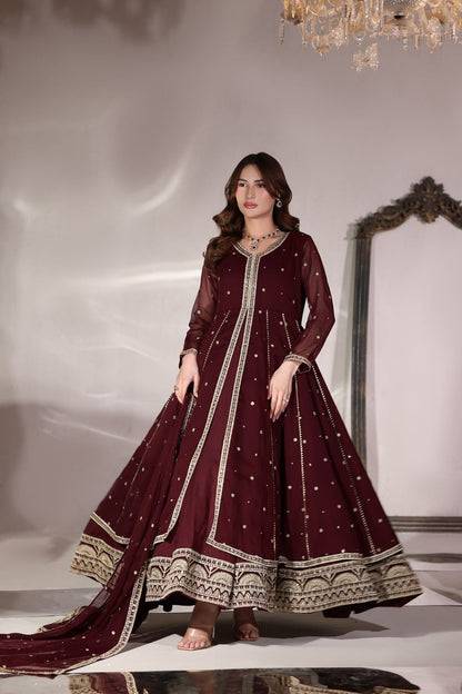 Maroon Embroidered Chiffon Flared Pishwas Suit Online in Dubai UAE Abudhabi Ajman Sharjah